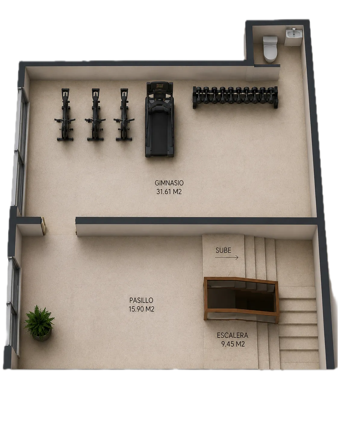 Render de gimnasio de Departamentos Oro