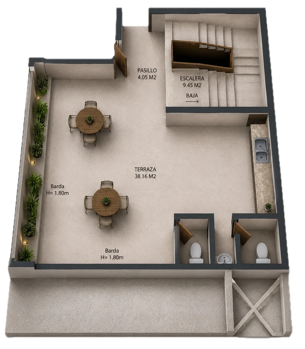 Render de terraza de Departamentos Oro